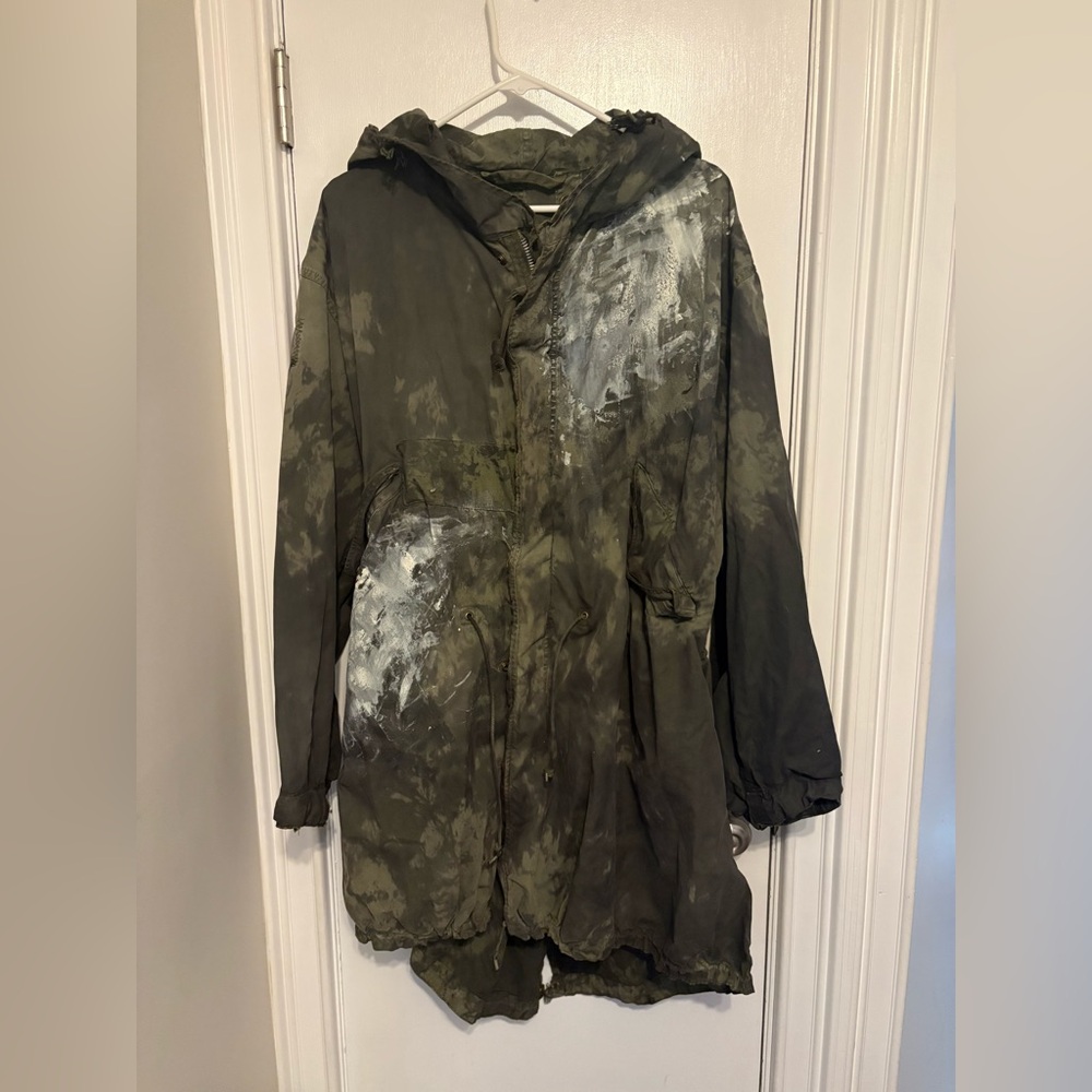Olive Green Hooded Parka with Paint Splatter